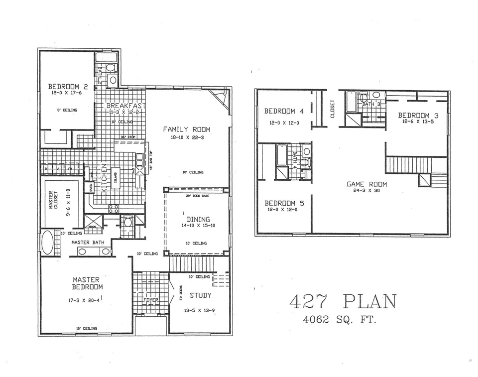 Cervelle Plan 427 floor plan drawing, 5 bedrooms, 4 baths, 4,062 square feet