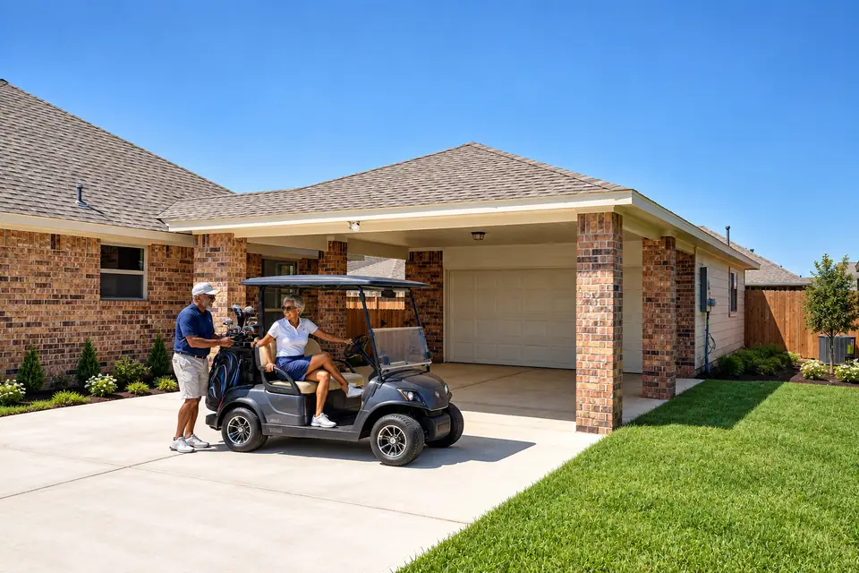 Couple with a golf cart outside their garage