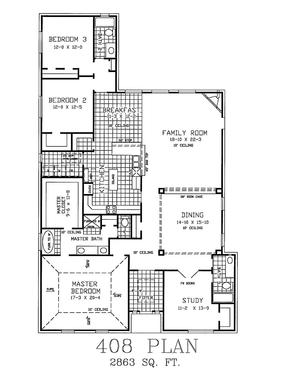 Cervelle Plan 408 floor plan drawing, 3/4 bedrooms, 3 baths, 2,863 square feet
