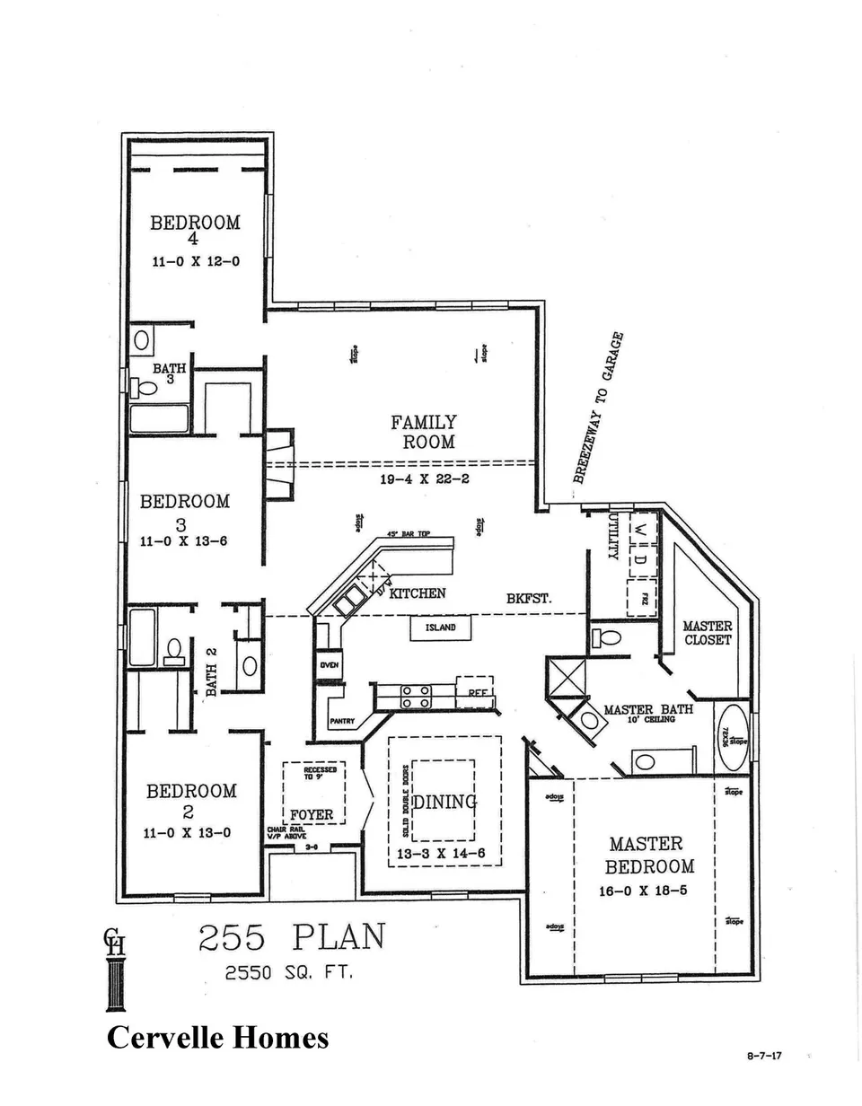 Cervelle Plan 255 floor plan drawing, 4 bedrooms, 3 baths, 2,550 square feet