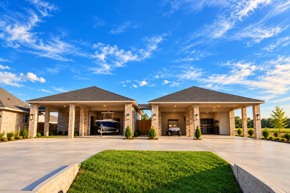 Cervelle garages with a boat, golf cart and workshop space