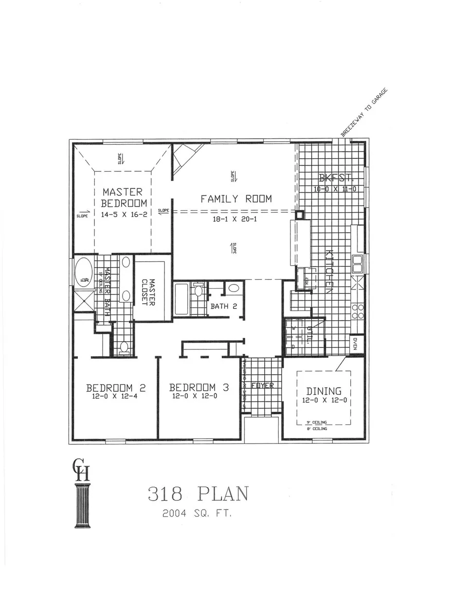 Cervelle Plan 318 floor plan drawing, 3 bedrooms, 2 baths, 2,004 square feet