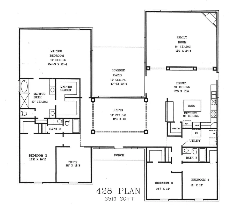 Cervelle Plan 428 floor plan drawing, 4 bedrooms, 3 baths, 3,510 square feet
