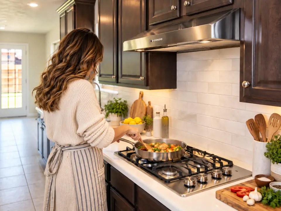 Cooking at the range in a kitchen with dark wood cabinets