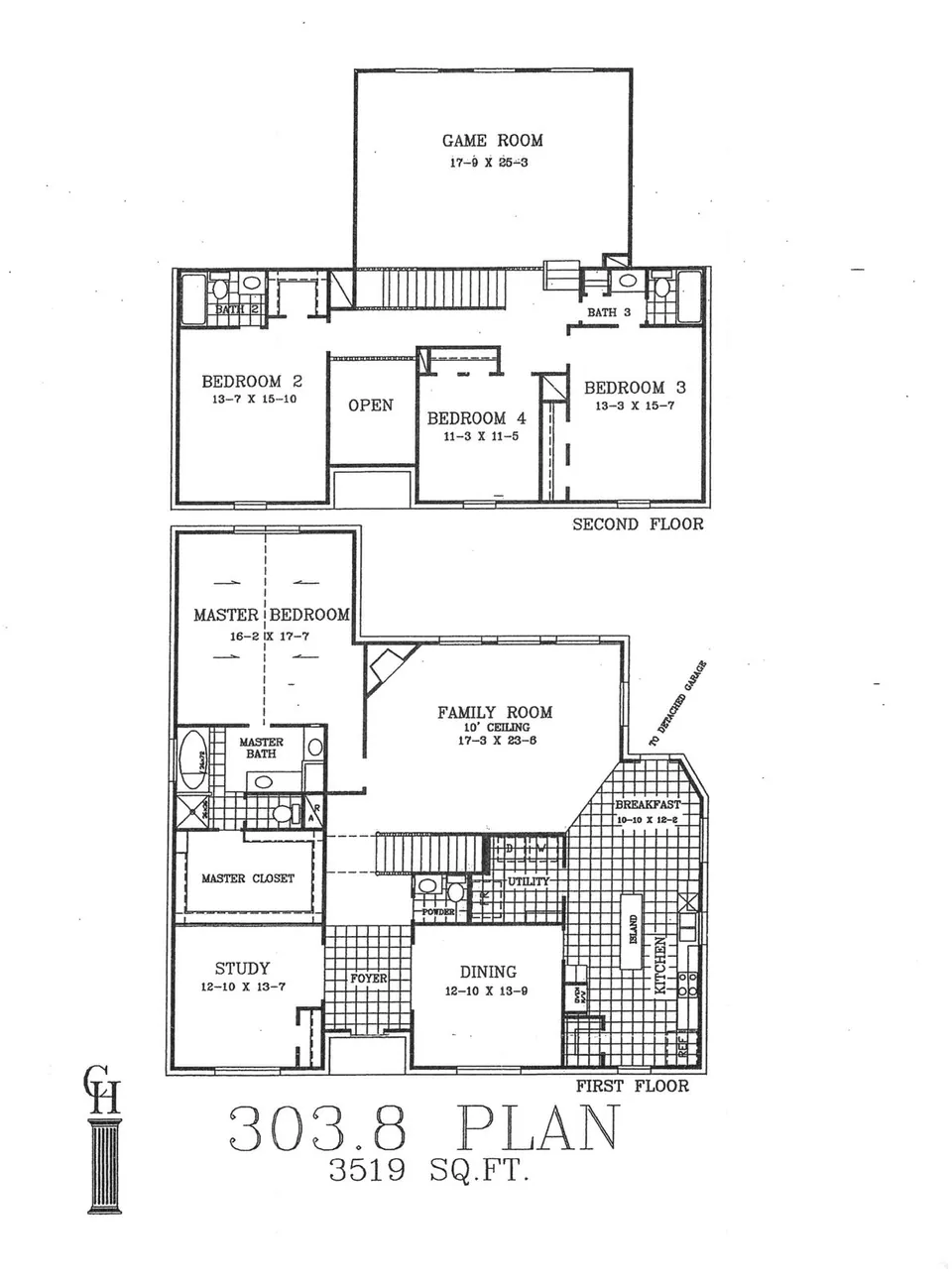 Cervelle Plan 303.8 floor plan drawing, 4 bedrooms, 3½ baths, 3,519 square feet