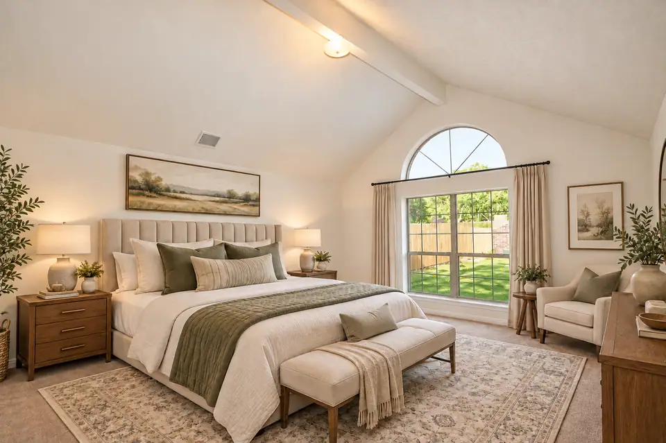 Primary bedroom with a vaulted ceiling and arched window