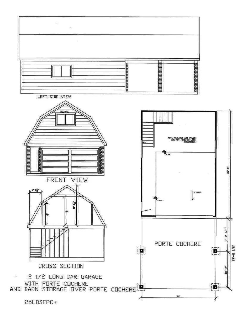 Cervelle 2½ Car Long with Barn over Porte Cochere configuration 25LBSFPC+ drawing, 26'-7" × 30'-0"