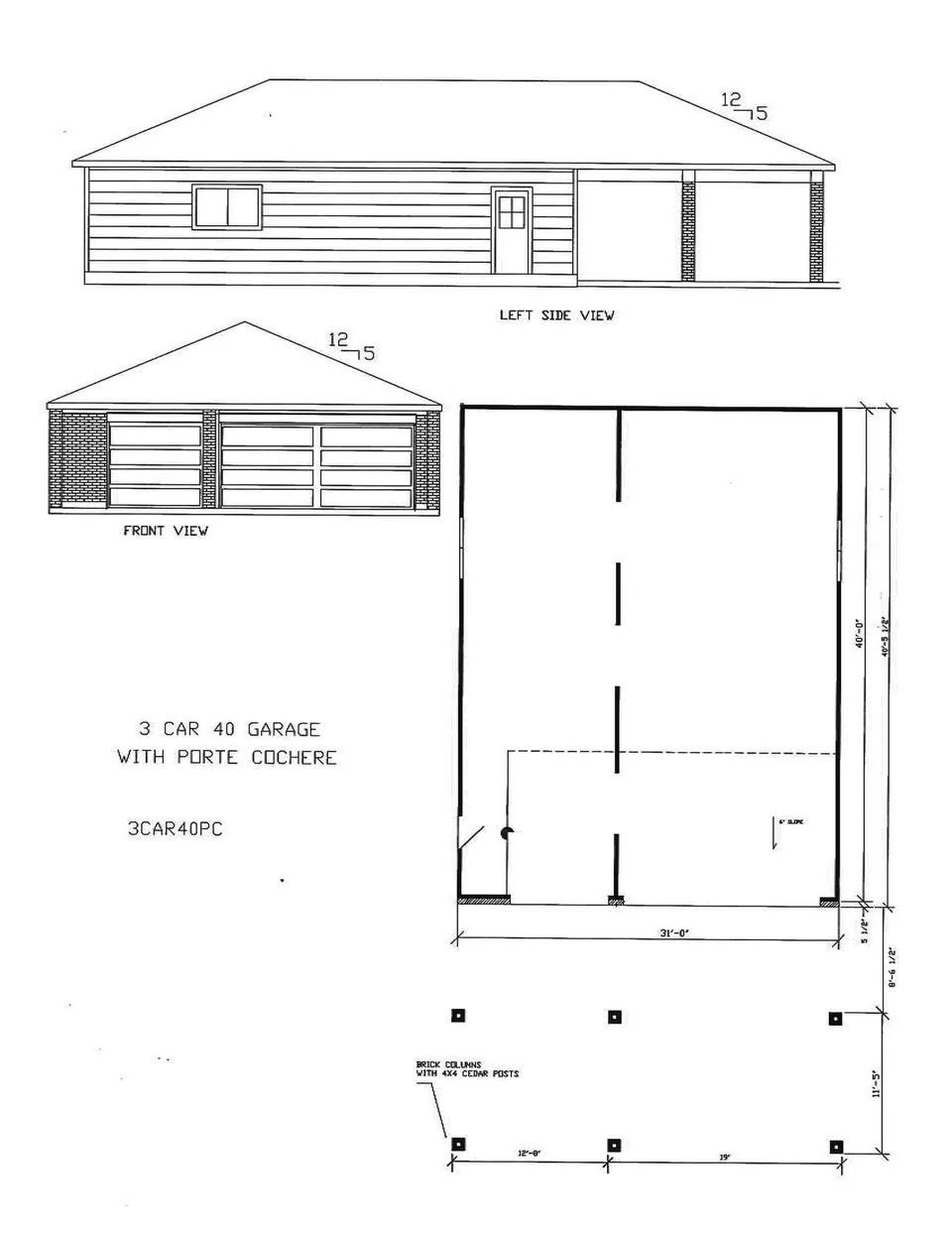 Cervelle 6 Car — 3 Wide, 2 Deep with 3 Car Porte Cochere configuration 3CAR40PC drawing, 31'-0" × 40'-0"