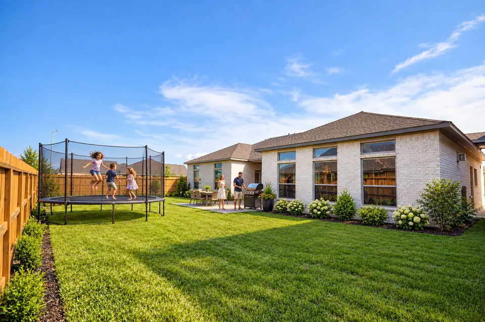 Family enjoying a spacious backyard with a patio and trampoline