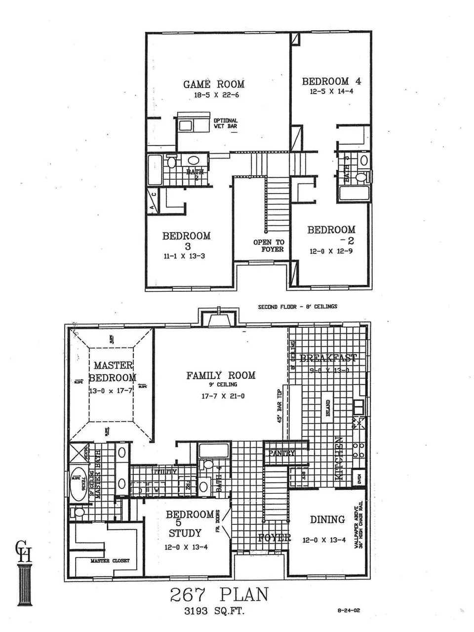 Cervelle Plan 267 floor plan drawing, 4/5 bedrooms, 4 baths, 3,193 square feet
