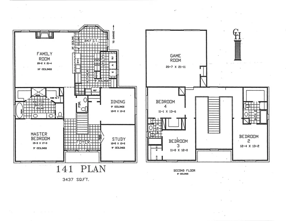 Cervelle Plan 141 floor plan drawing, 4 bedrooms, 3½ baths, 3,437 square feet
