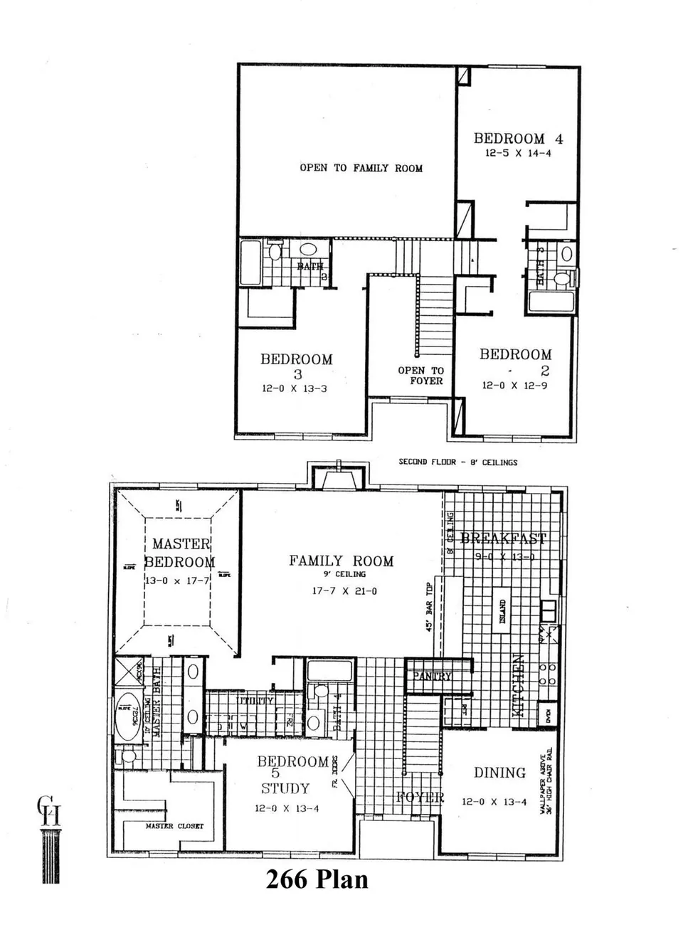 Cervelle Plan 266 floor plan drawing, 4/5 bedrooms, 4 baths, 2,773 square feet