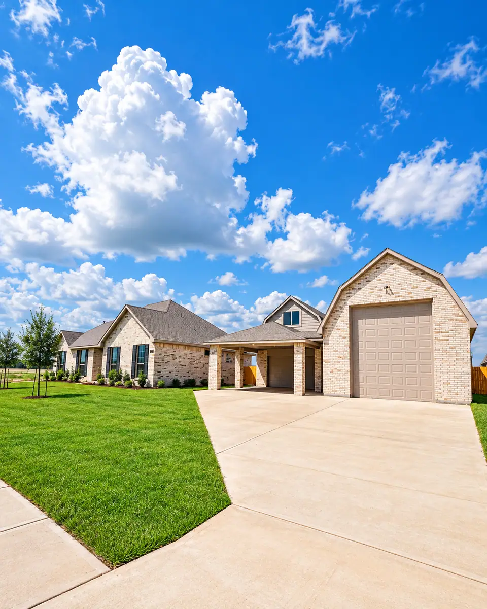 Brick home with a wide driveway and tall garage