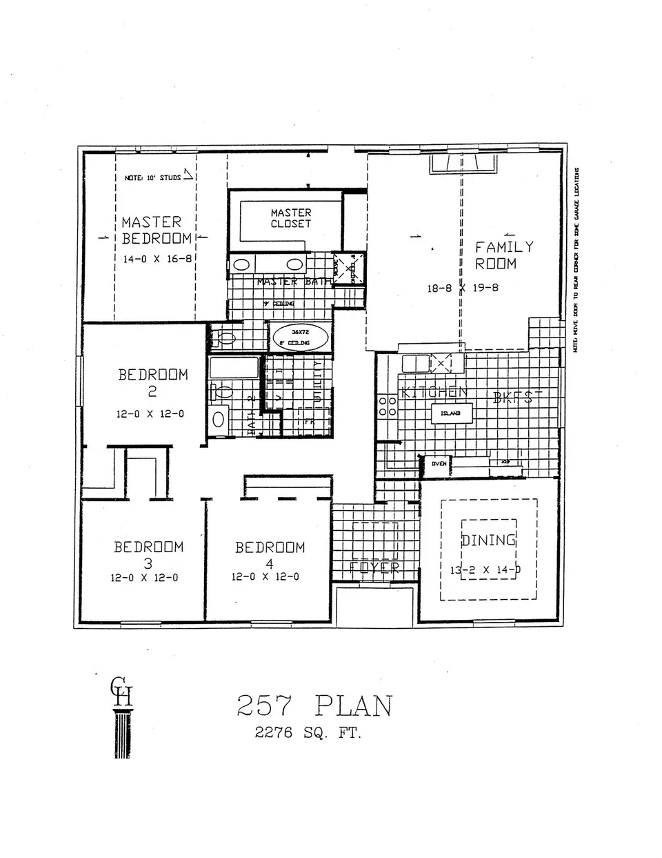 Cervelle Plan 257 floor plan drawing, 4 bedrooms, 2 baths, 2,276 square feet