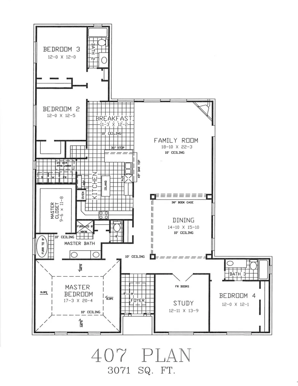 Cervelle Plan 407 floor plan drawing, 4 bedrooms, 3 baths, 3,071 square feet