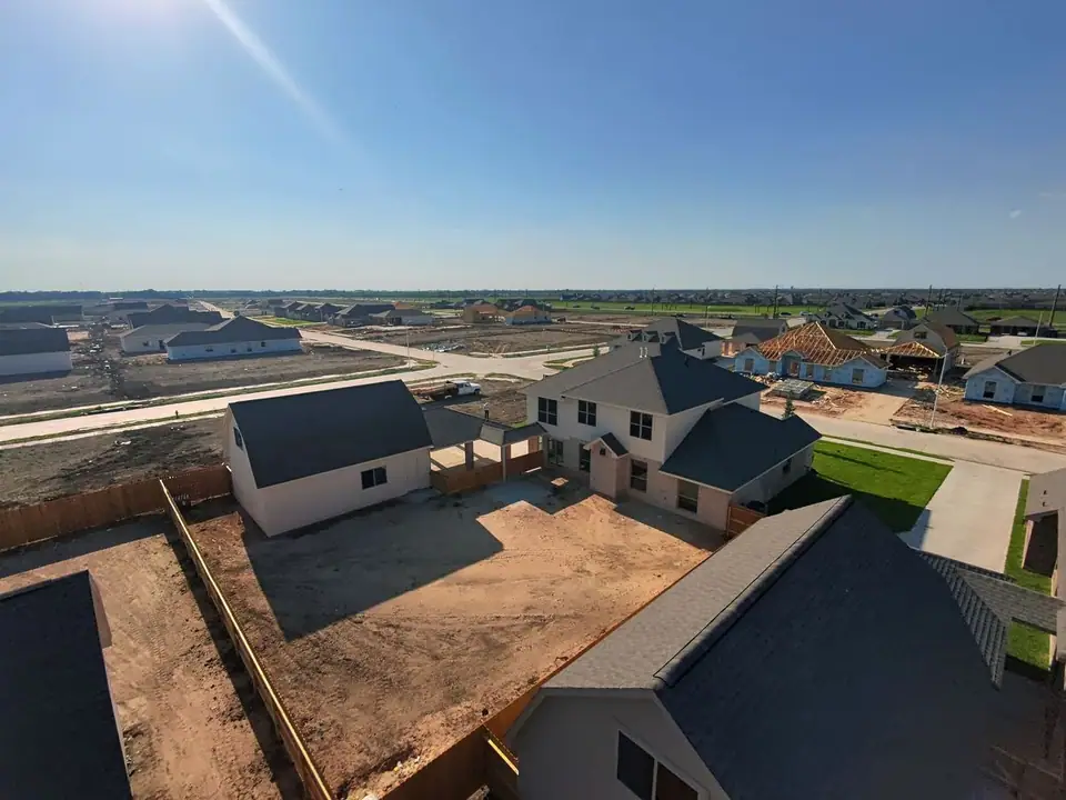 Aerial view of the backyard and garage at 2213 Ensenada Drive, League City, Texas