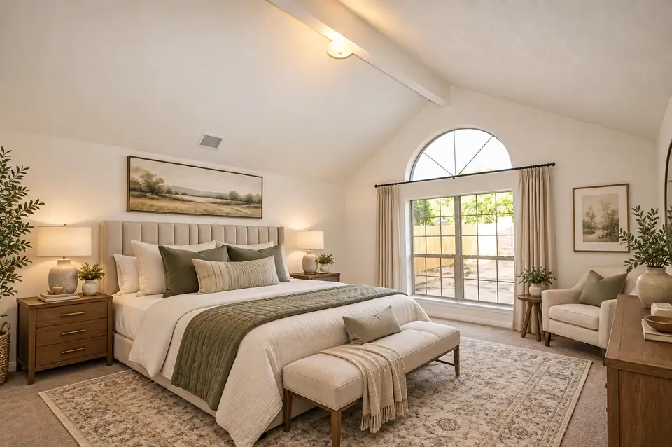 Primary bedroom with a vaulted ceiling and arched window