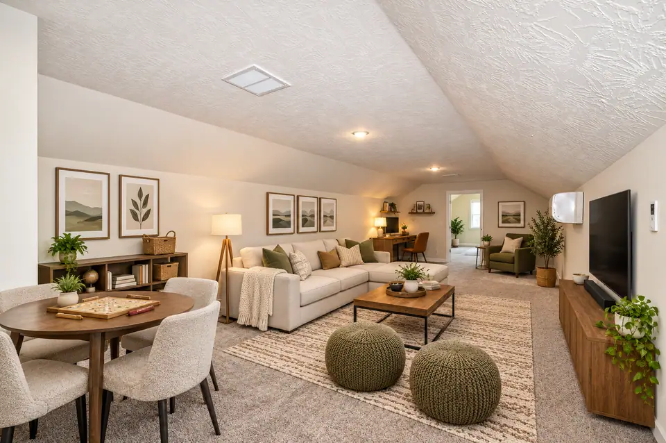 Living space above the garage with a lounge, game table and home office