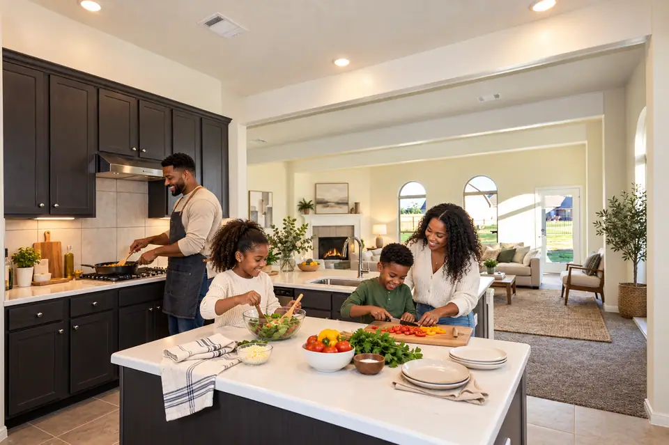 Family preparing a meal around the kitchen island