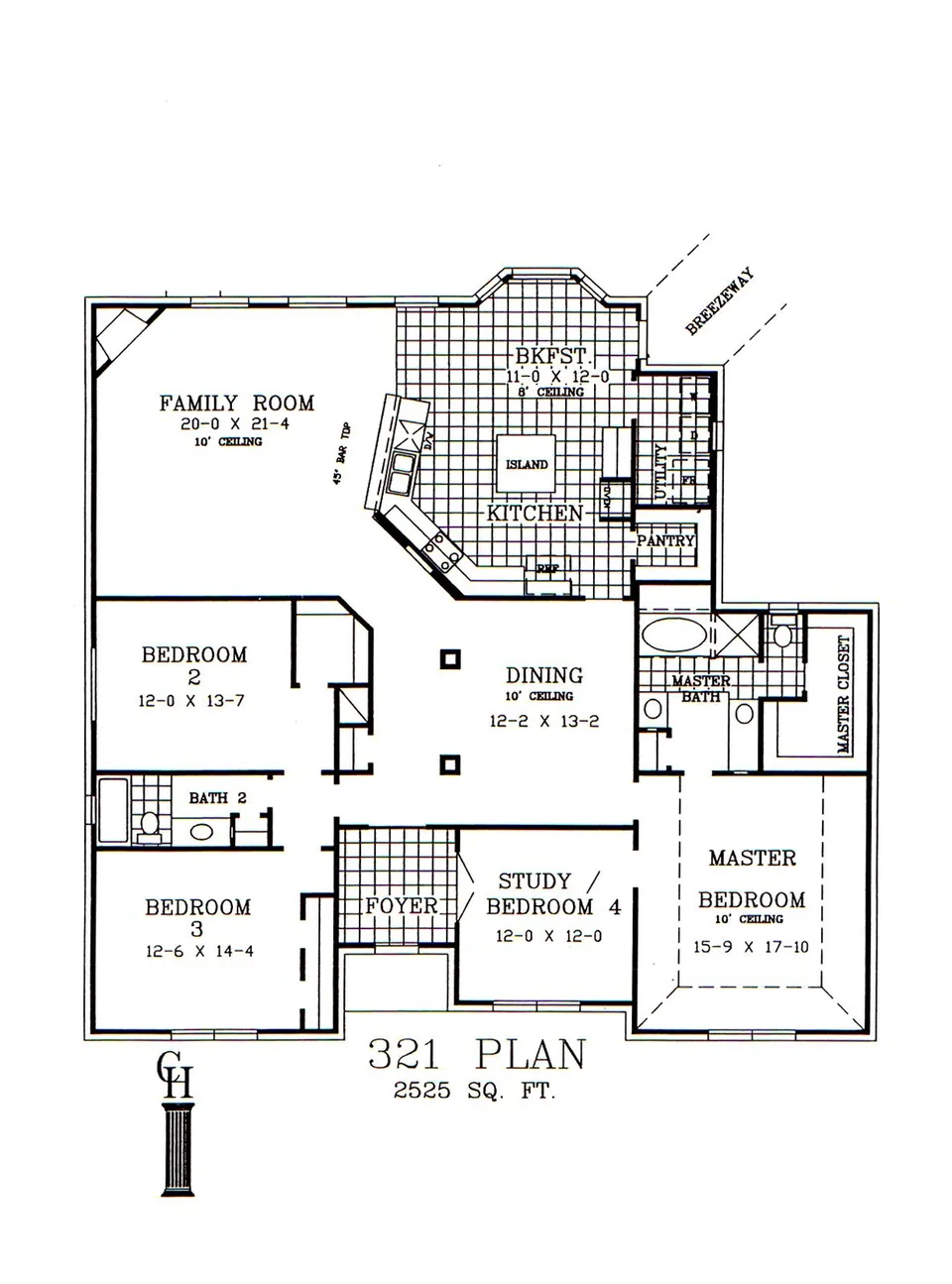 Cervelle Plan 321 floor plan drawing, 3/4 bedrooms, 2 baths, 2,527 square feet