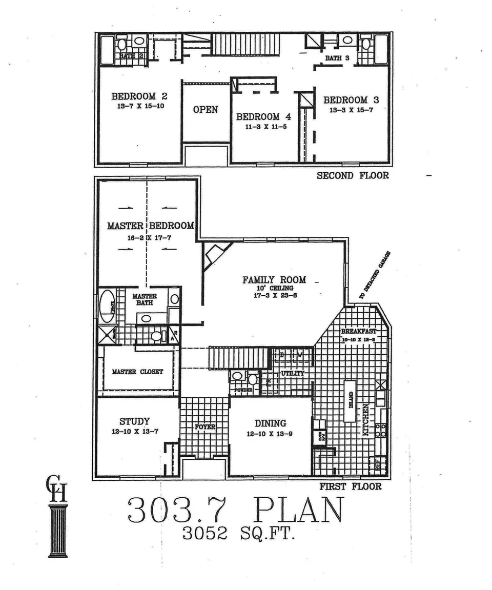 Cervelle Plan 303.7 floor plan drawing, 4 bedrooms, 3½ baths, 3,052 square feet