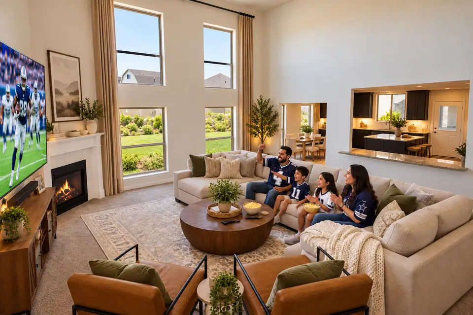 Family watching football in a bright two-story living room