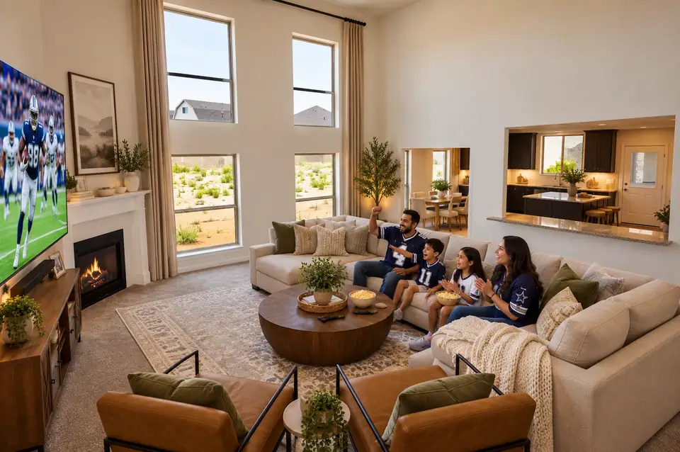 Family watching football in a bright two-story living room
