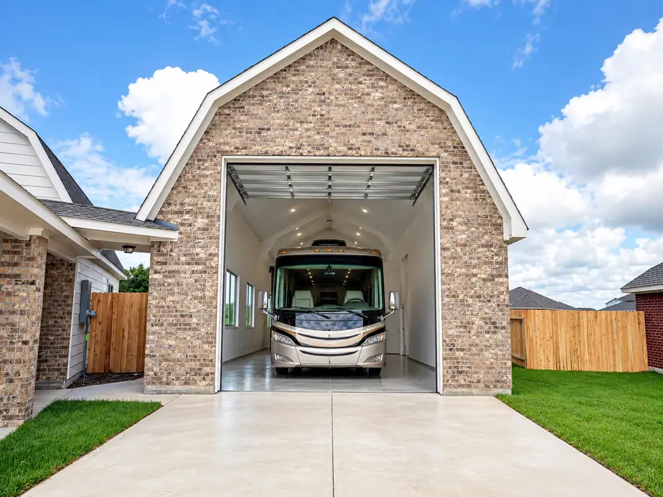 RV parked inside a tall brick garage