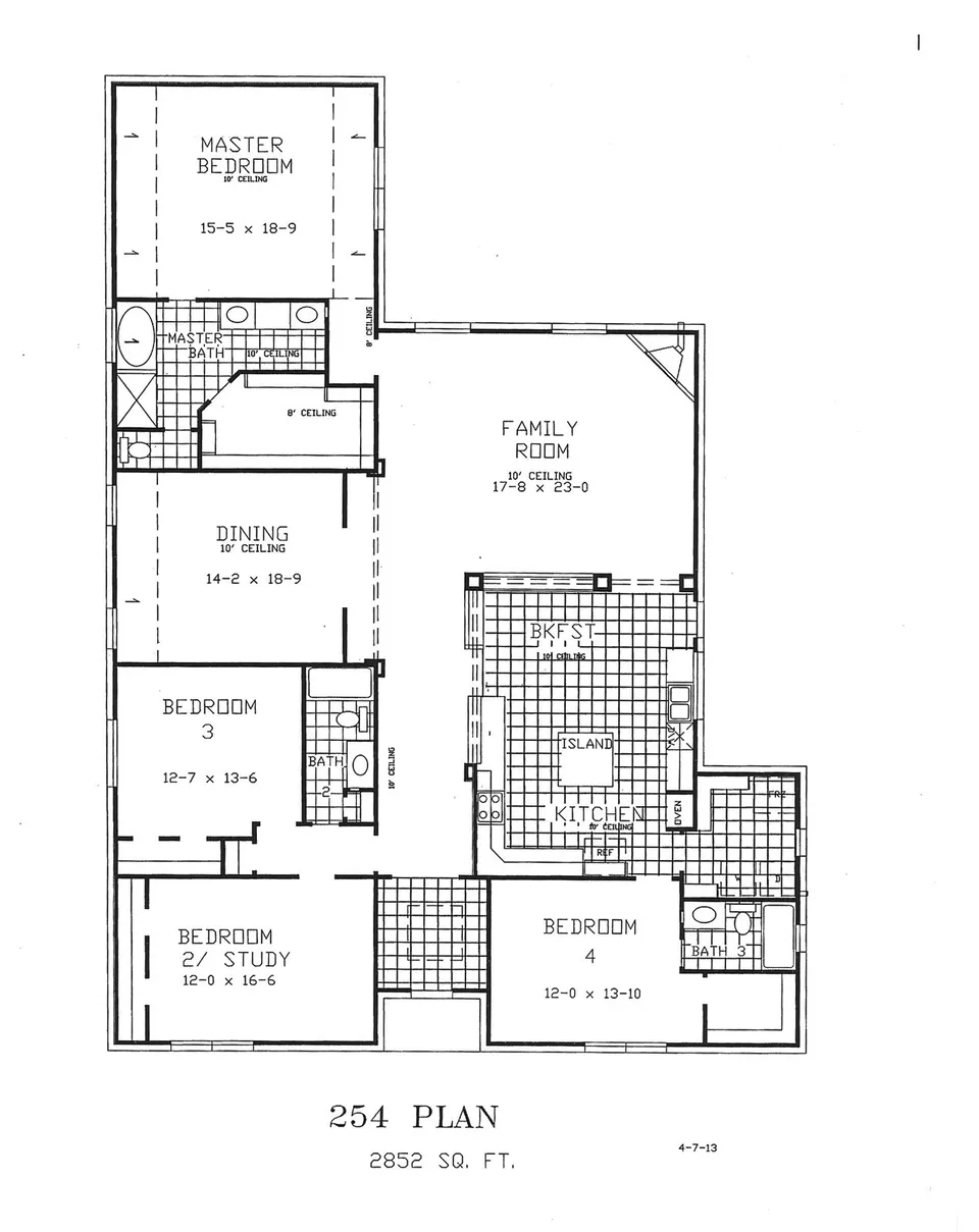 Cervelle Plan 254 floor plan drawing, 4 bedrooms, 3 baths, 2,852 square feet