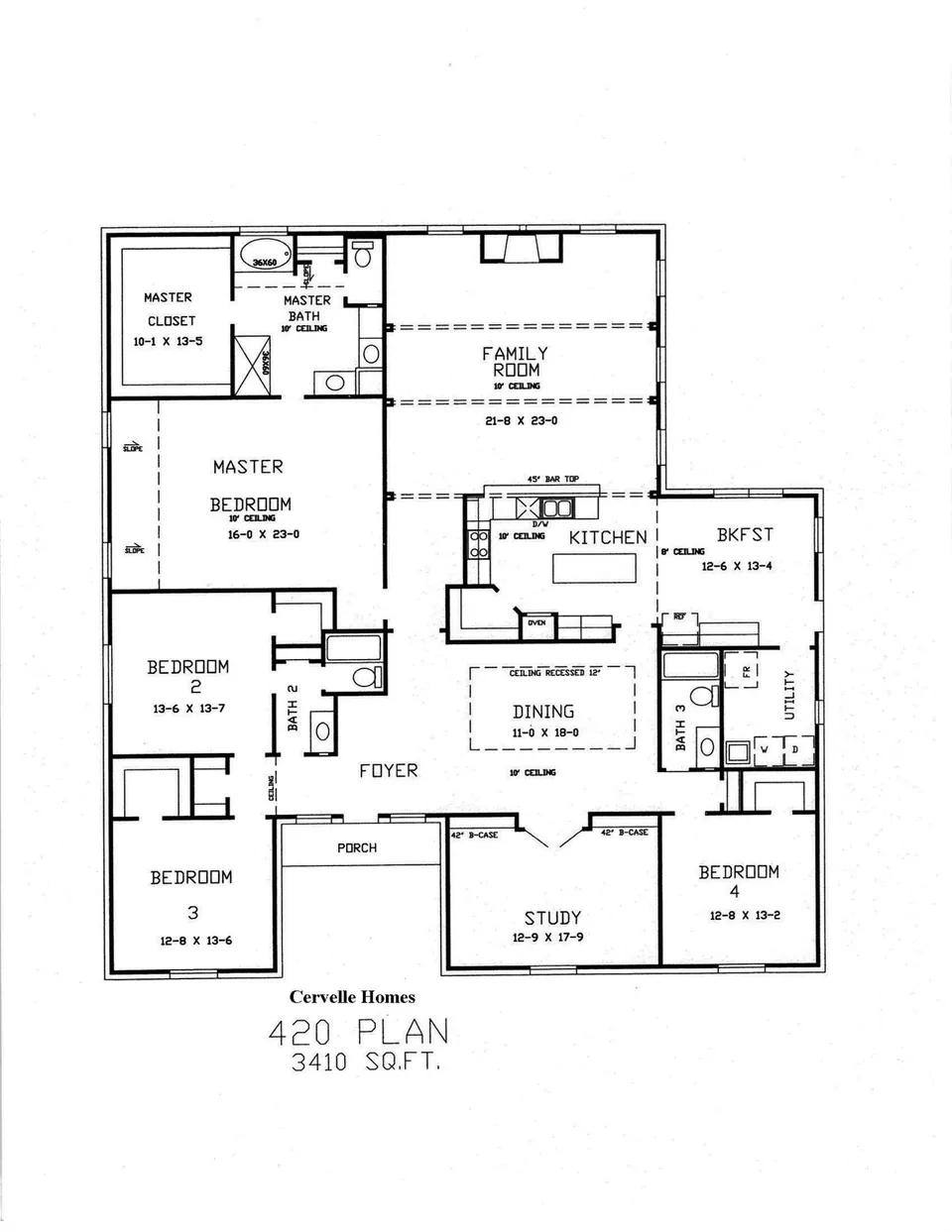 Cervelle Plan 420 floor plan drawing, 4 bedrooms, 3 baths, 3,410 square feet