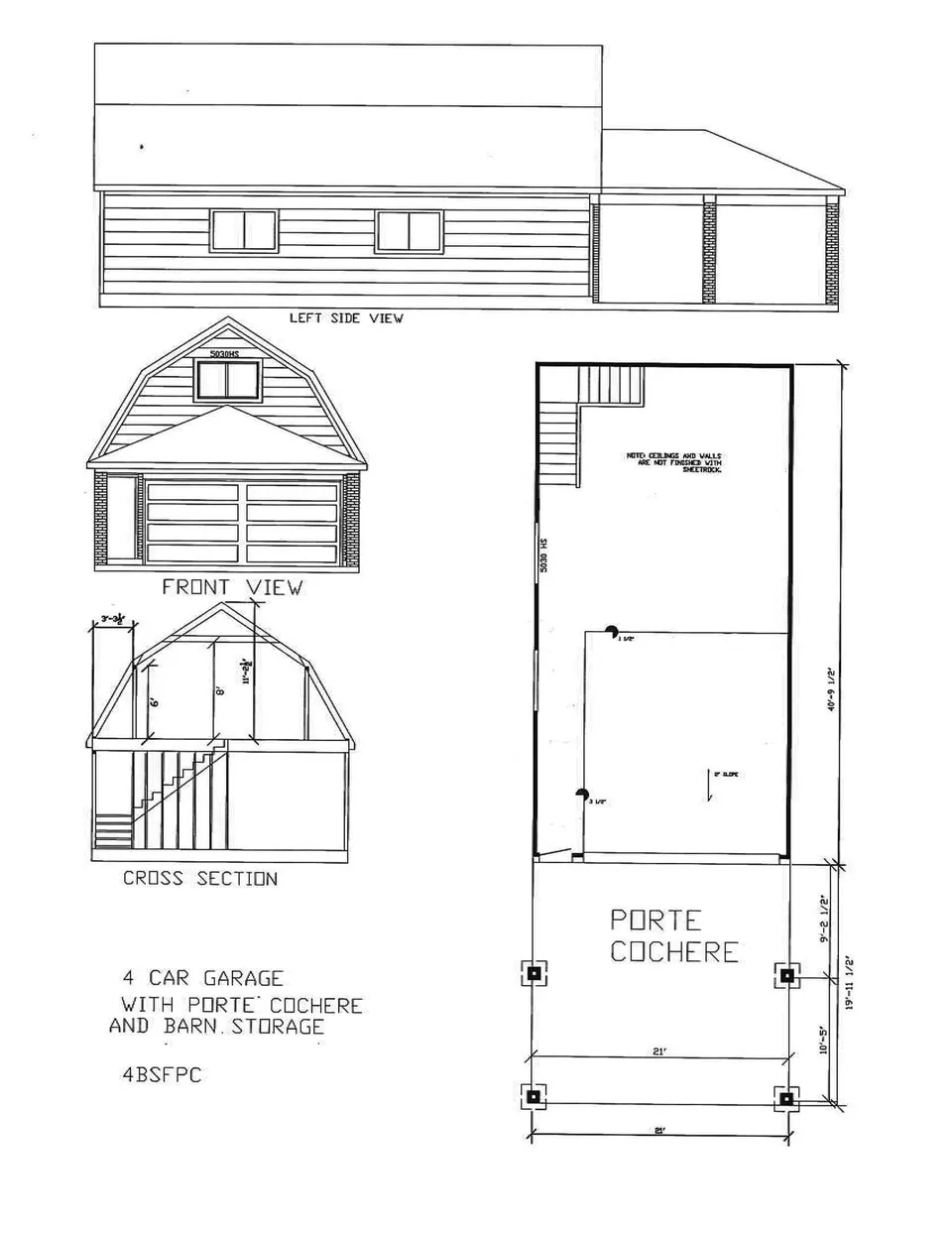 Cervelle 4 Car with Barn Storage & Porte Cochere configuration 4BSFPC drawing, 21' × 40'-9½"