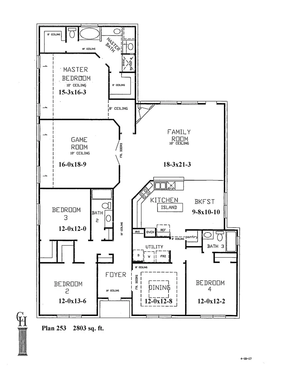 Cervelle Plan 253 floor plan drawing, 4 bedrooms, 3 baths, 2,803 square feet