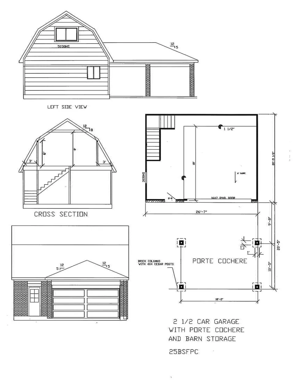 Cervelle 2½ Car with Barn Stair & Porte Cochere configuration 25BSFPC drawing, 26'-7" × 20'-9½"