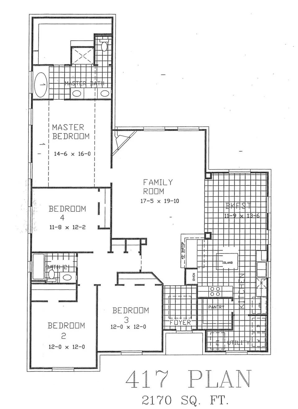 Cervelle Plan 417 floor plan drawing, 4 bedrooms, 2 baths, 2,170 square feet