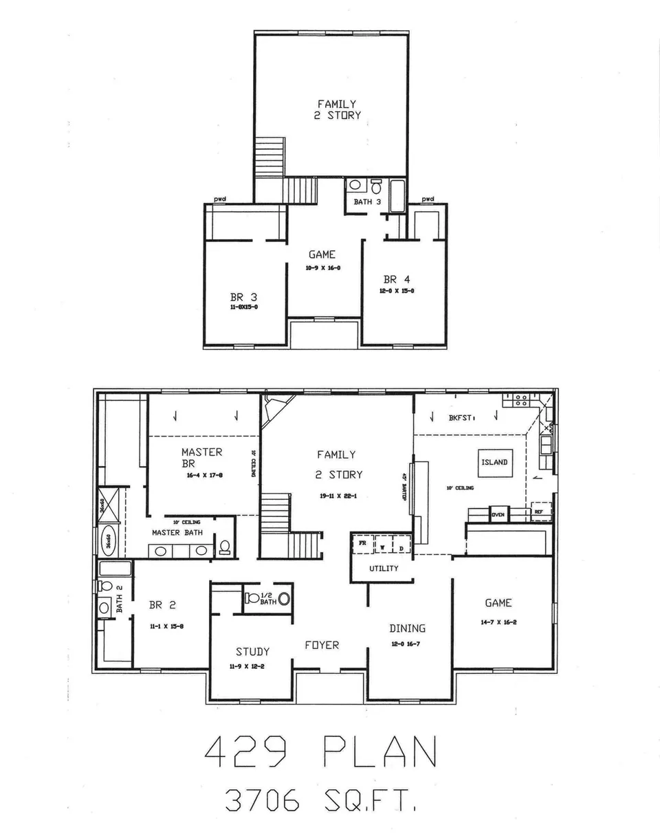 Cervelle Plan 429 floor plan drawing, 4 bedrooms, 3½ baths, 3,706 square feet
